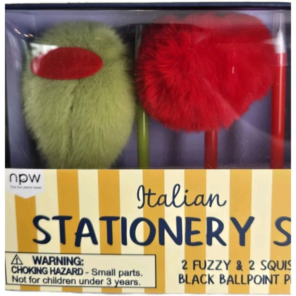 New Italian Stationery Set 2 Olive & 2 Tomato Black Ballpoint Pens Fuzzy Squishy